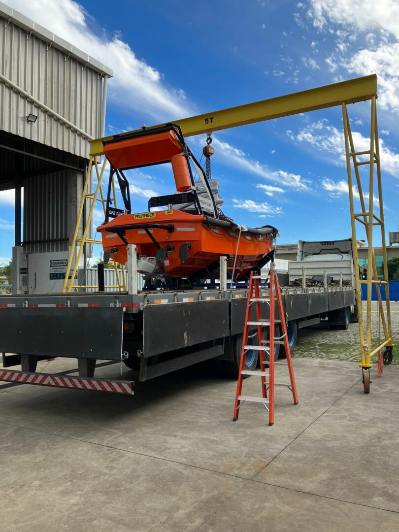 Fast rescue boat outside a workshop prepared for service