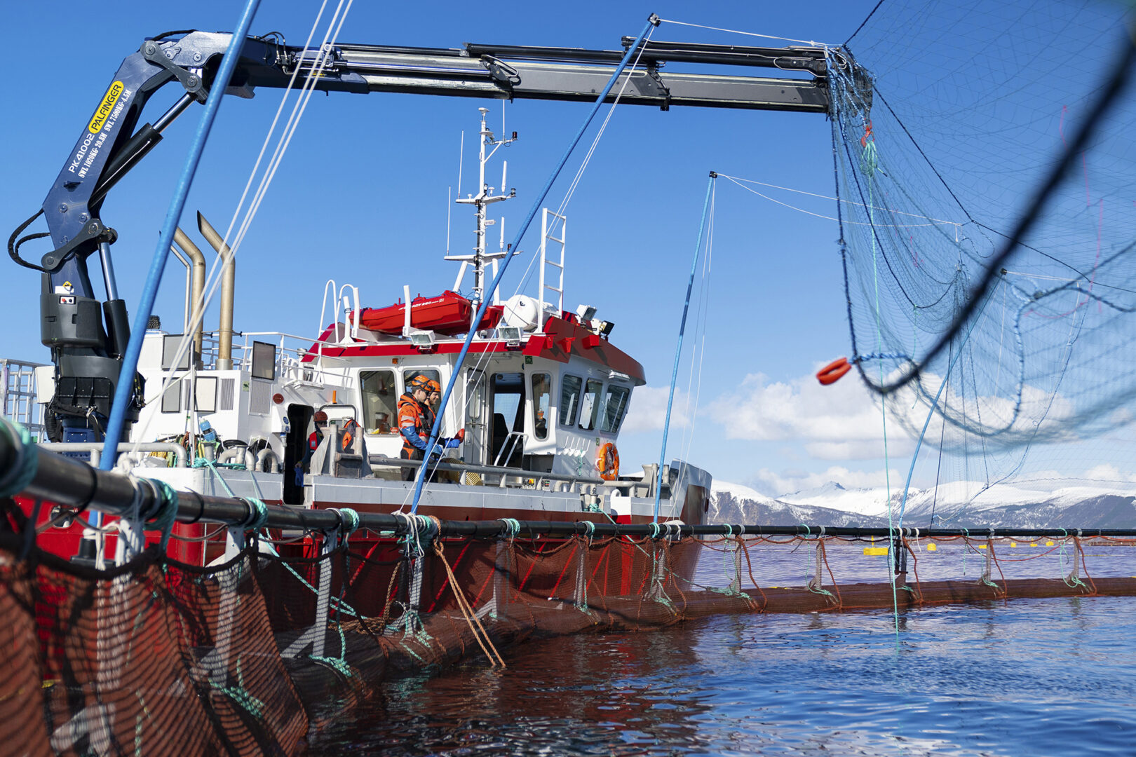 Marine crane in operation at a fish-farm