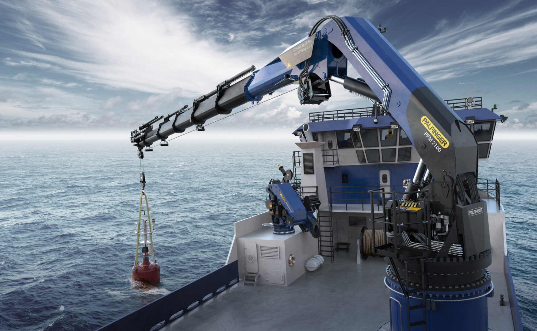 Rendered image of the PALFINGER MARINE PFM4500 crane installed on a service vessel.